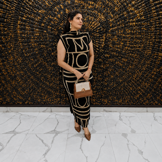 Black & Beige Geometric Pattern Magic Dress With Scarf
