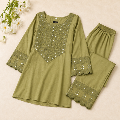 Olive Green Embroidered Co-Ord Set